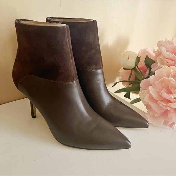 Brown Leather Suede Pointy Zip Ankle Boots - Picture 1 of 13